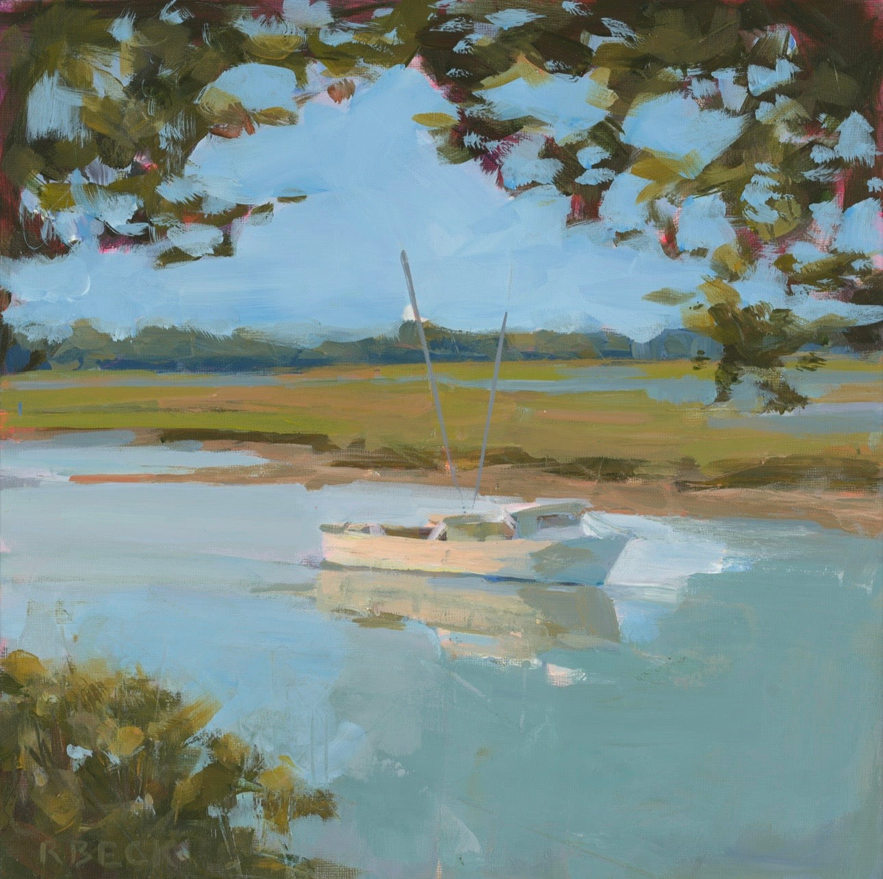 A Good Day coastal inlet boat art print by Charleston artist Ryan Beck featuring calm water, marsh reflections, coastal foliage, late afternoon light, and soft neutral tones