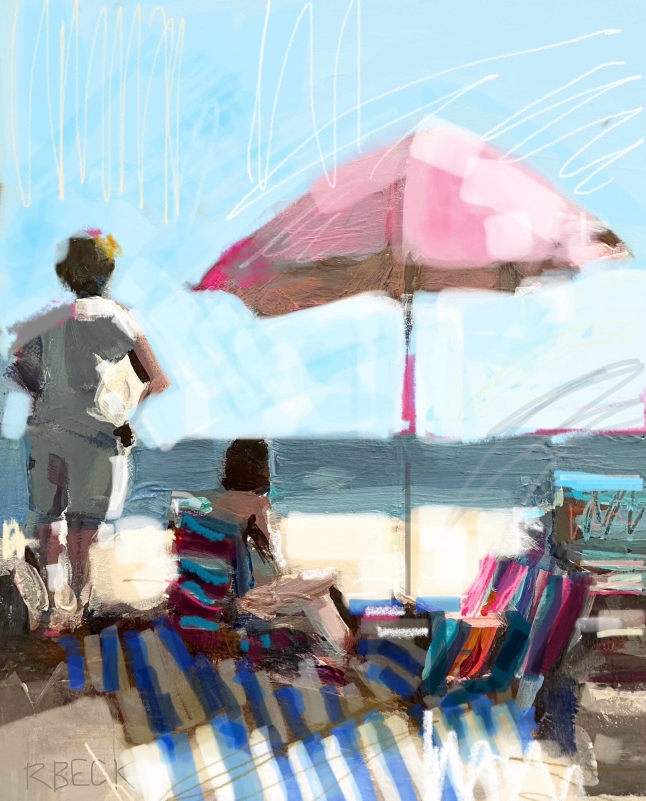 Coastal fine art print of two beach figures with an umbrella in bold summer color and open shoreline light by Ryan Beck.