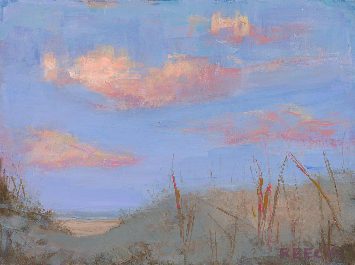 Blushed coastal dune painting by Charleston artist Ryan Beck, featuring sandy beach dunes, seagrass, soft blue sky, and expressive pink and coral clouds.