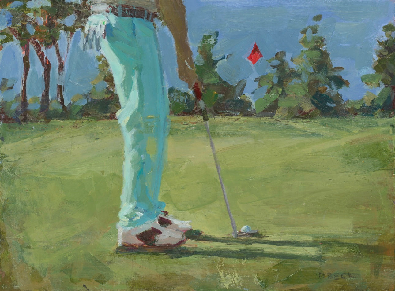 Coastal fine art print of a figure playing golf with a flag in the distance in soft blues and greens by Ryan Beck.