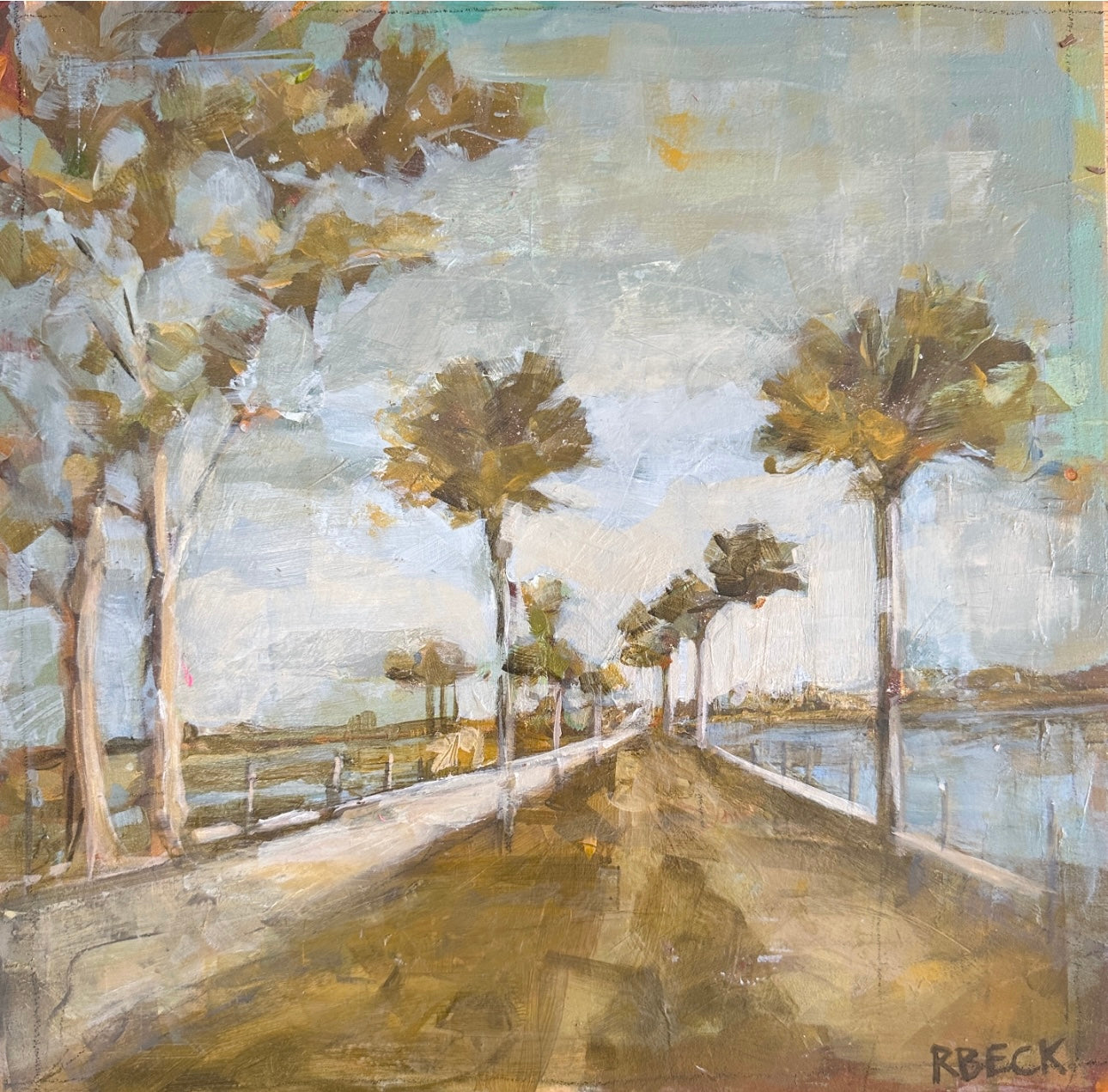 Original painting Passing The Day Away by Charleston artist Ryan Beck, inspired by Pitt Street Bridge with moody earth tones and mark-making details.