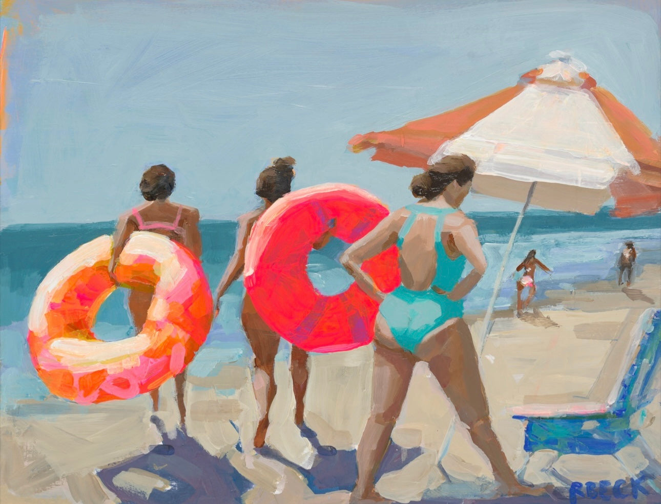 Salt Air Club beach day art print by Charleston artist Ryan Beck featuring suggested beach figures, bright swim floats, umbrellas, ocean water, coral, pink, turquoise, and sunny coastal color