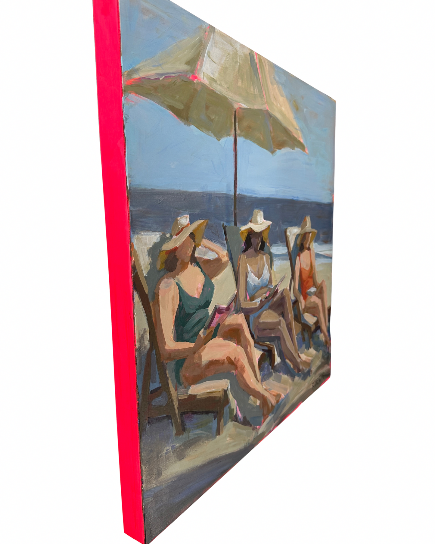 Summer Pages original Charleston SC coastal painting by artist Ryan Beck showing hot pink painted sides on a 2-inch birchwood panel, beach scene with three women reading on Sullivan’s Island