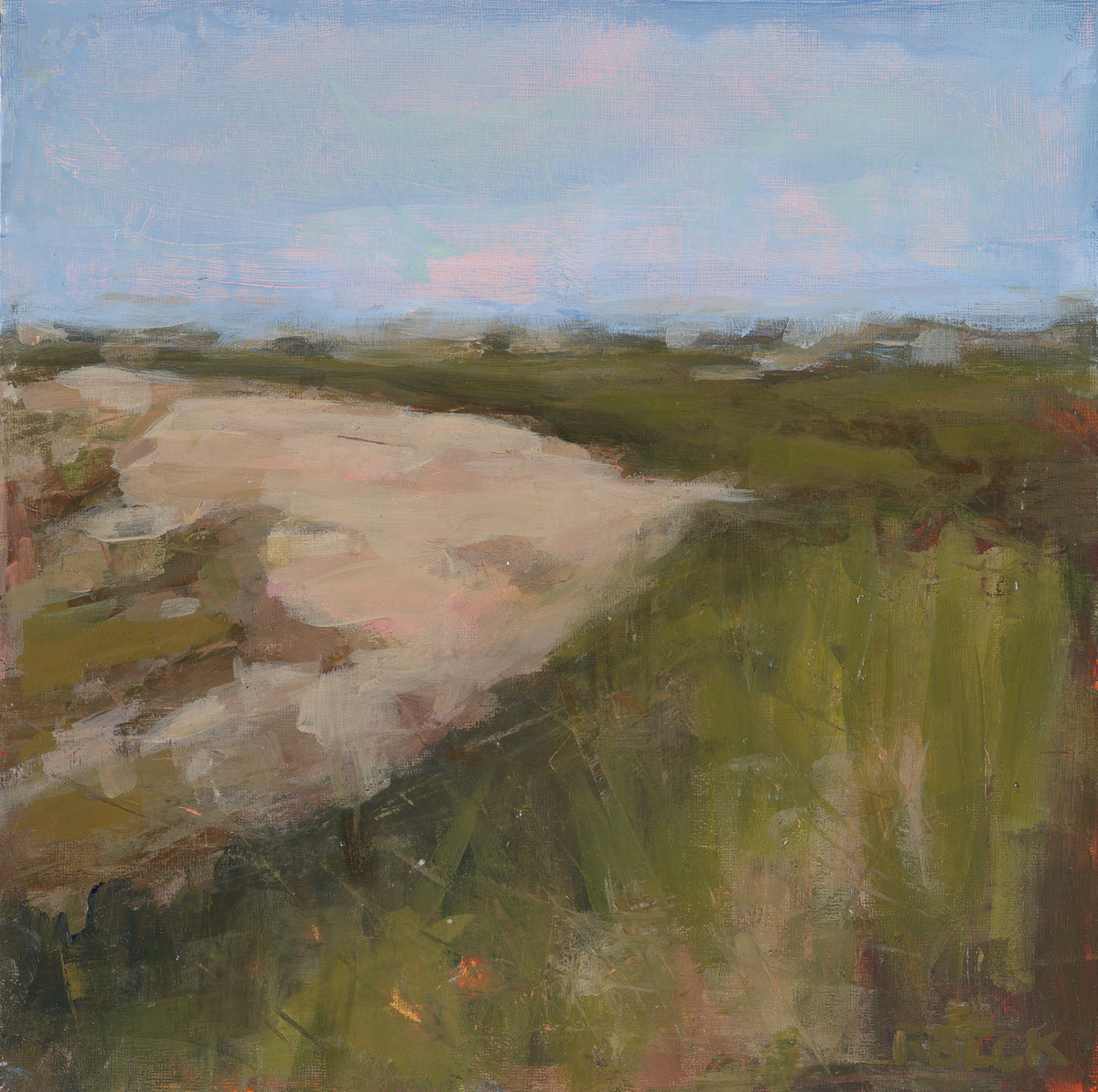 The Outer Shore Cape Cod landscape painting by Ryan Beck, depicting sandy dunes and olive green coastal vegetation beneath a soft blue and pink sky in Cape Cod National Seashore.