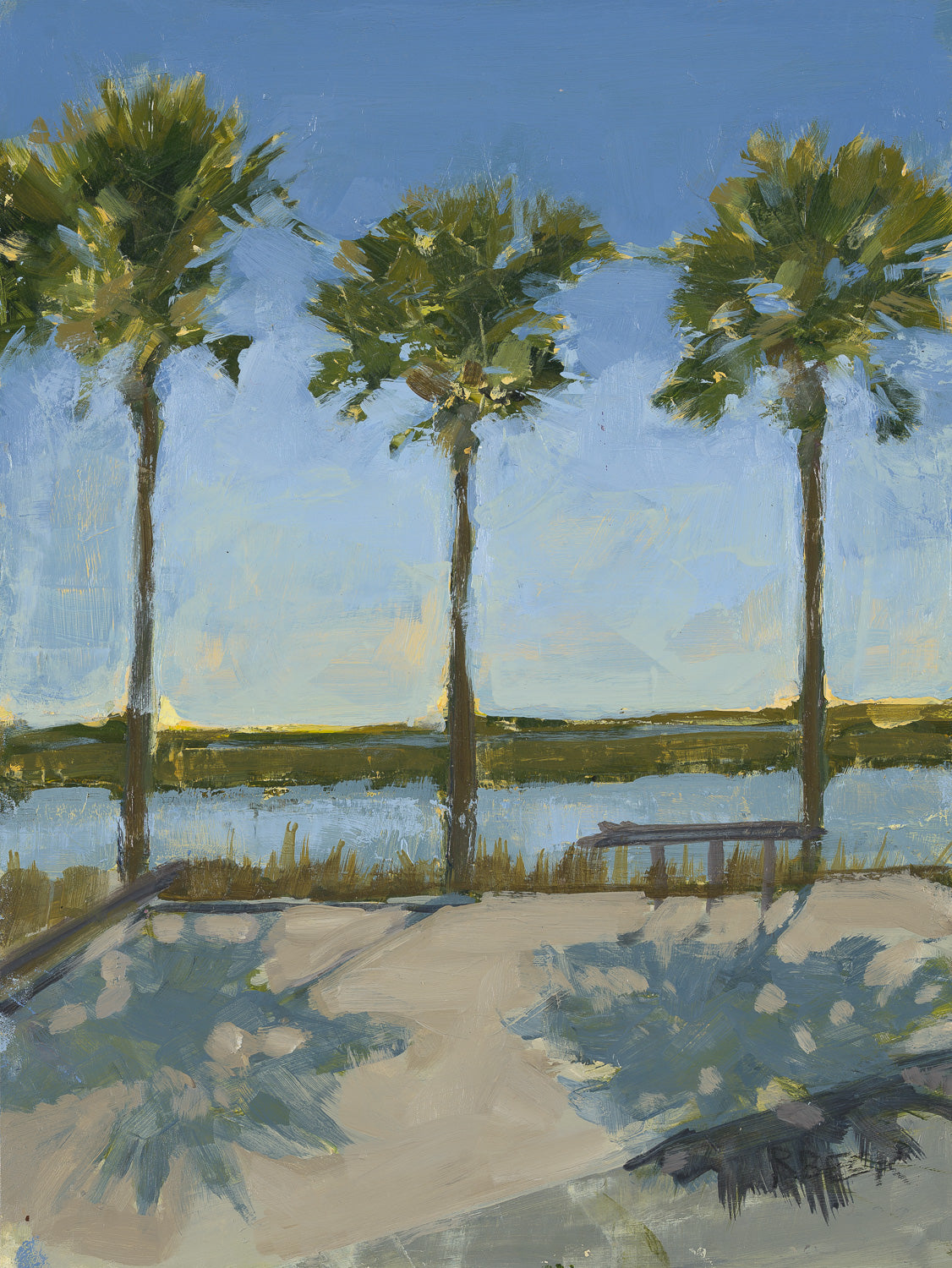 Where Time Slows coastal painting by Ryan Beck showing three backlit palm trees, a waterfront bench, blue water and long shadows across a sunlit gravel path.