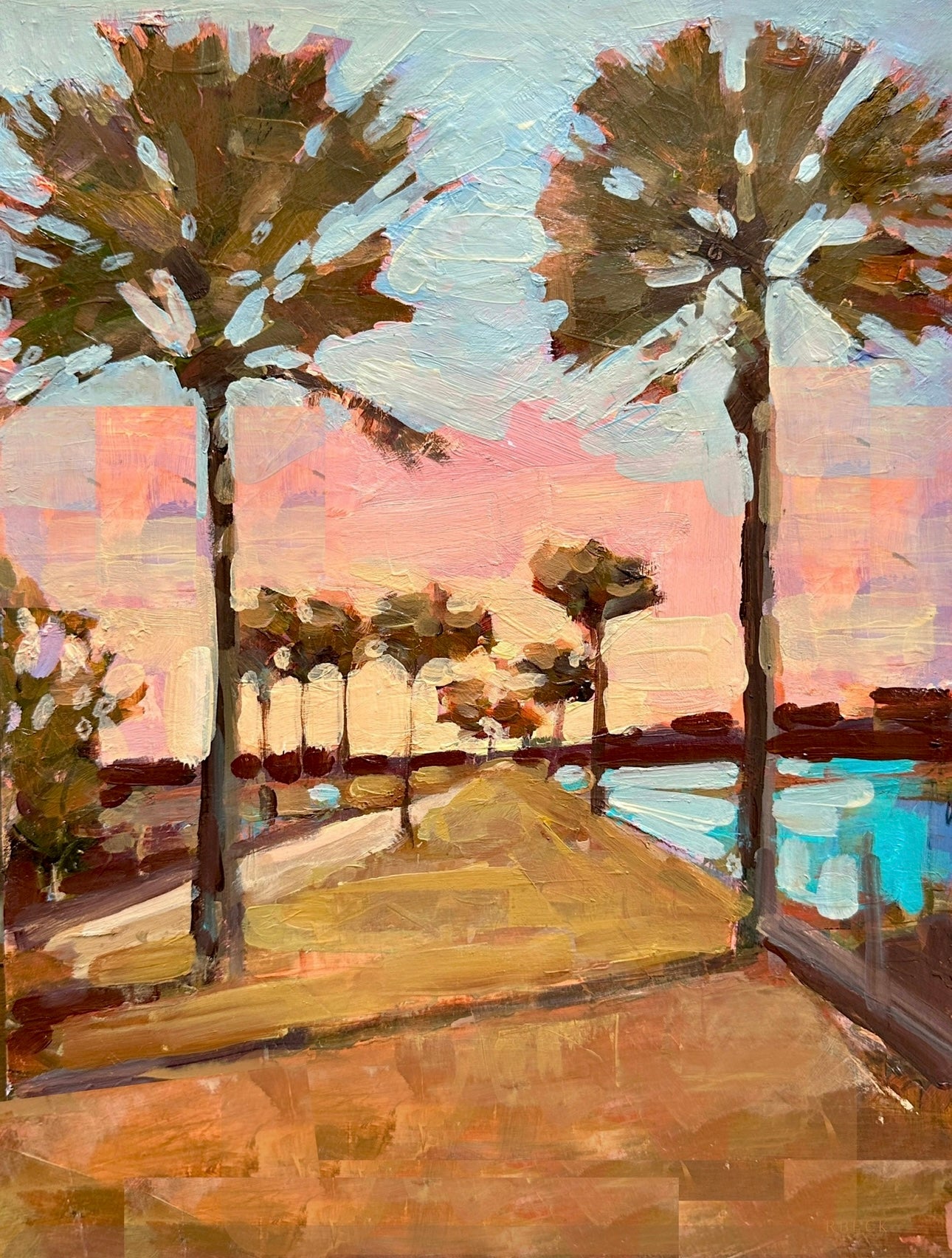 Pitt Street Bridge coastal fine art print by Charleston artist Ryan Beck, featuring a vibrant sunset with bold blues, pinks, and textured brushstrokes