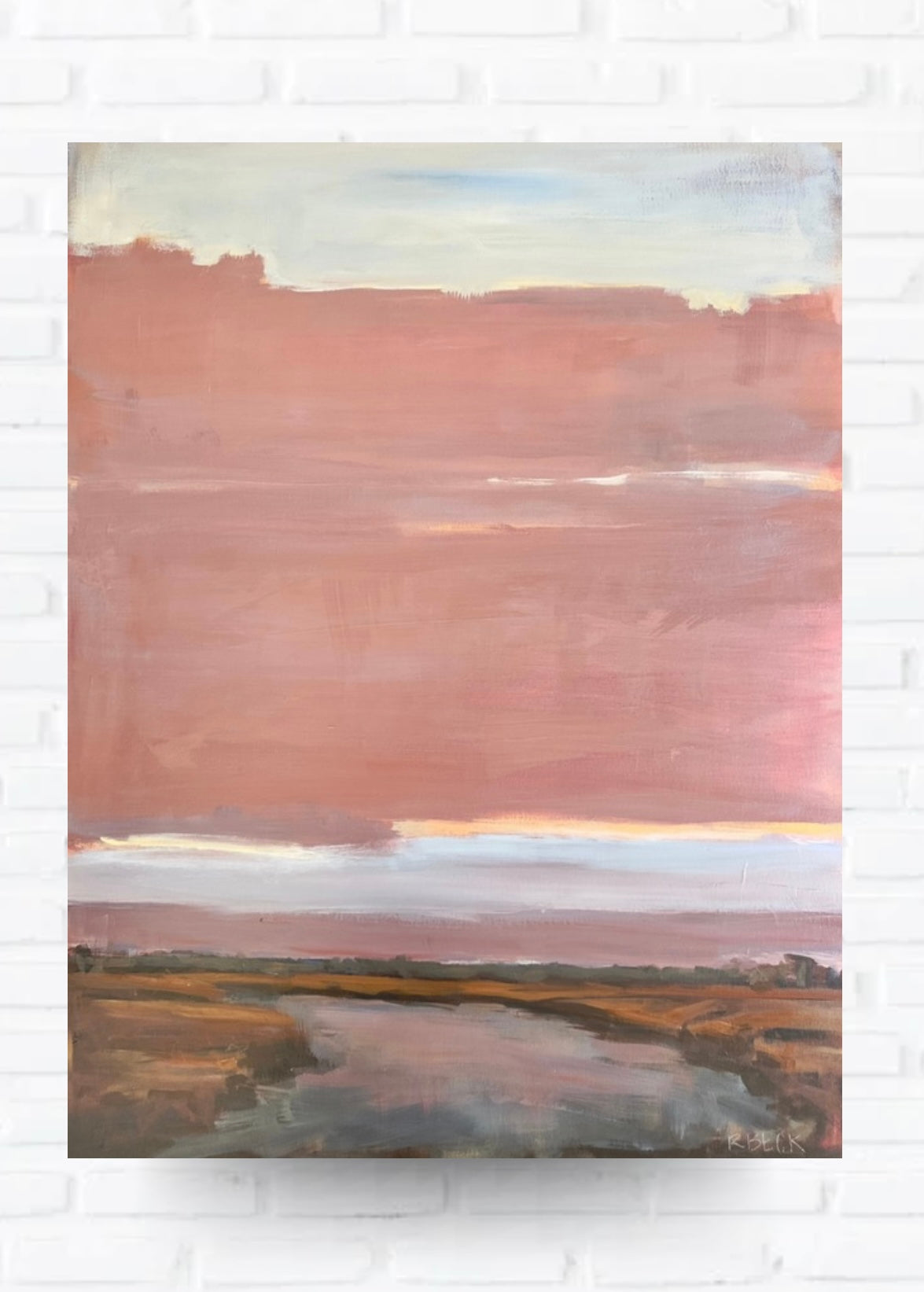 Held By the Sky original 30x40 coastal marsh painting by Charleston artist Ryan Beck styled in a light neutral living room