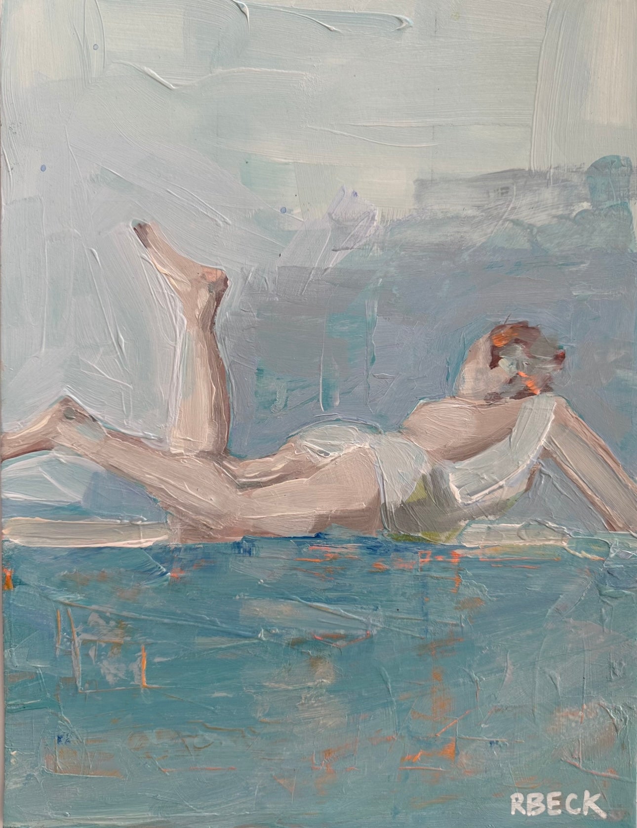 Vintage surf fine art print by Charleston artist Ryan Beck, featuring a surfer floating on soft blue and orange-hued ocean waters