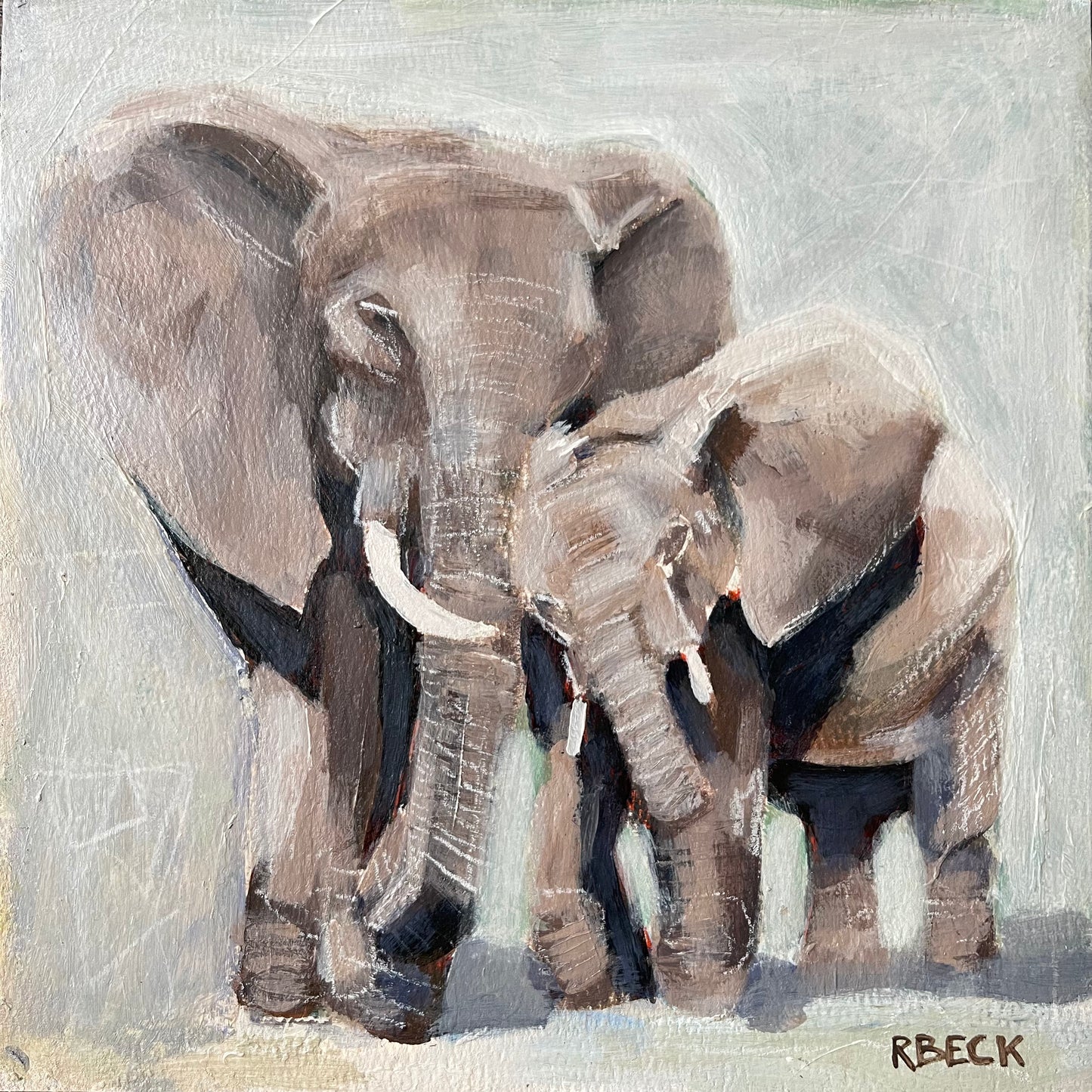 Legacy Giclée Print by Charleston Artist Ryan Beck - Mother and Baby Elephant Embracing in Neutral Colors