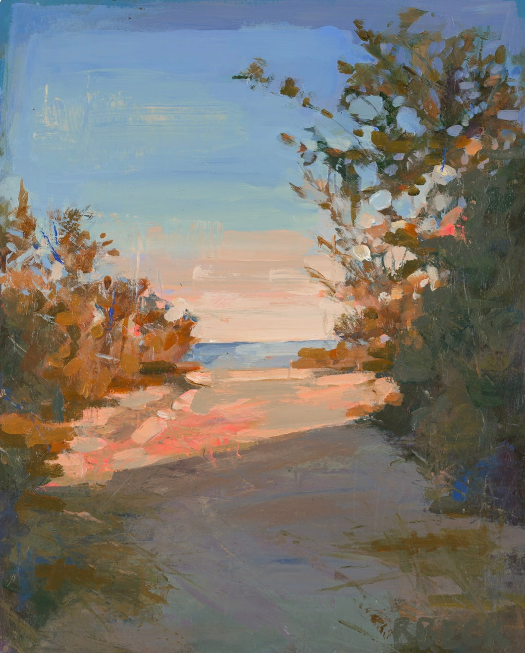 Beach Print coastal beach path art print by Charleston artist Ryan Beck featuring a sandy path toward the ocean, golden hour light, layered coastal colors, and peaceful shoreline atmosphere
