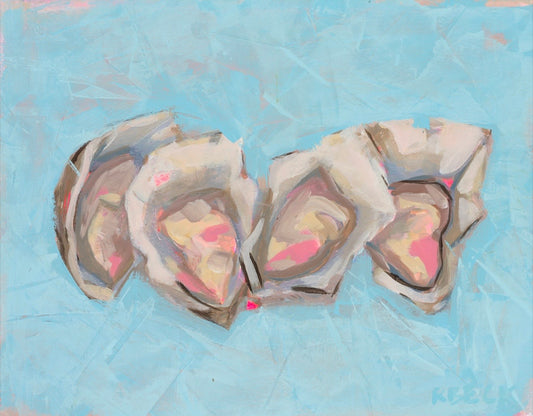 Blue Oysters coastal oyster art print by Charleston artist Ryan Beck featuring layered blue, seafoam, neutral, and coral tones inspired by Lowcountry oyster beds and coastal living