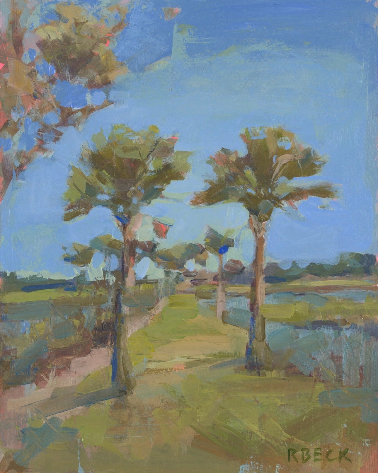 Blue Skies & Coastal Breeze coastal landscape art print by Charleston artist Ryan Beck featuring palms, blue skies, marsh grasses, and vibrant coastal colors