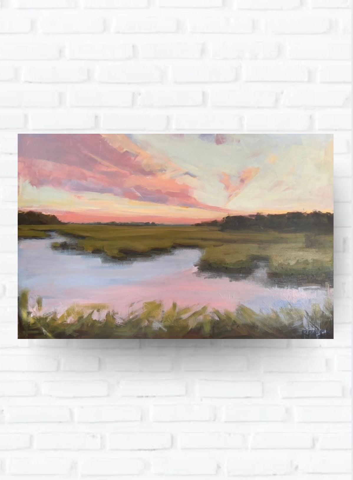 Blush Tide original marsh painting by Charleston artist Ryan Beck styled in a coastal living room