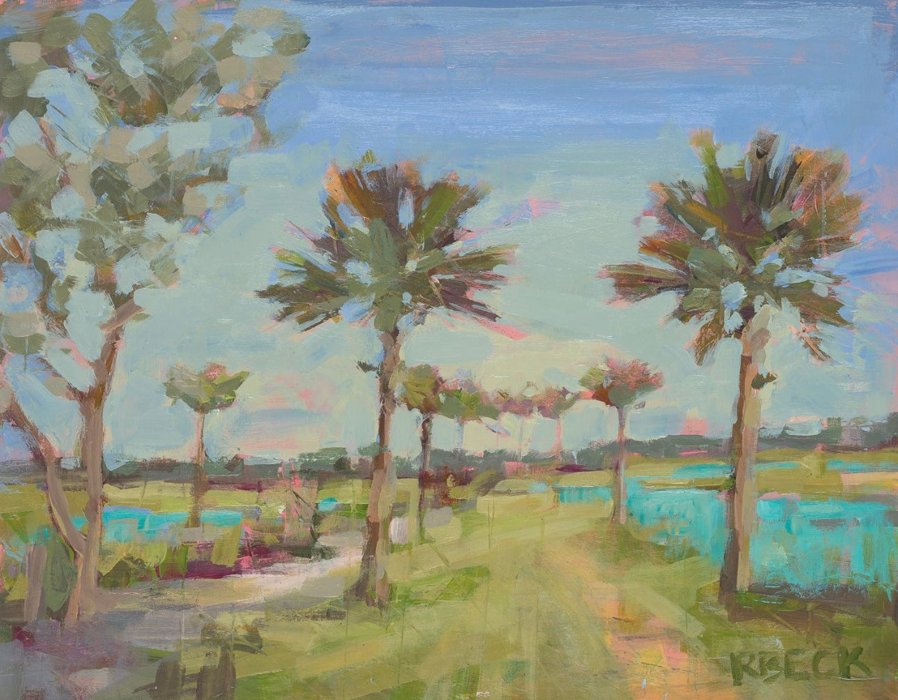 Coastal Days palm coastal landscape art print by Charleston artist Ryan Beck featuring vibrant coastal colors, palms, sunny atmosphere, breezy movement, and uplifting beach house style