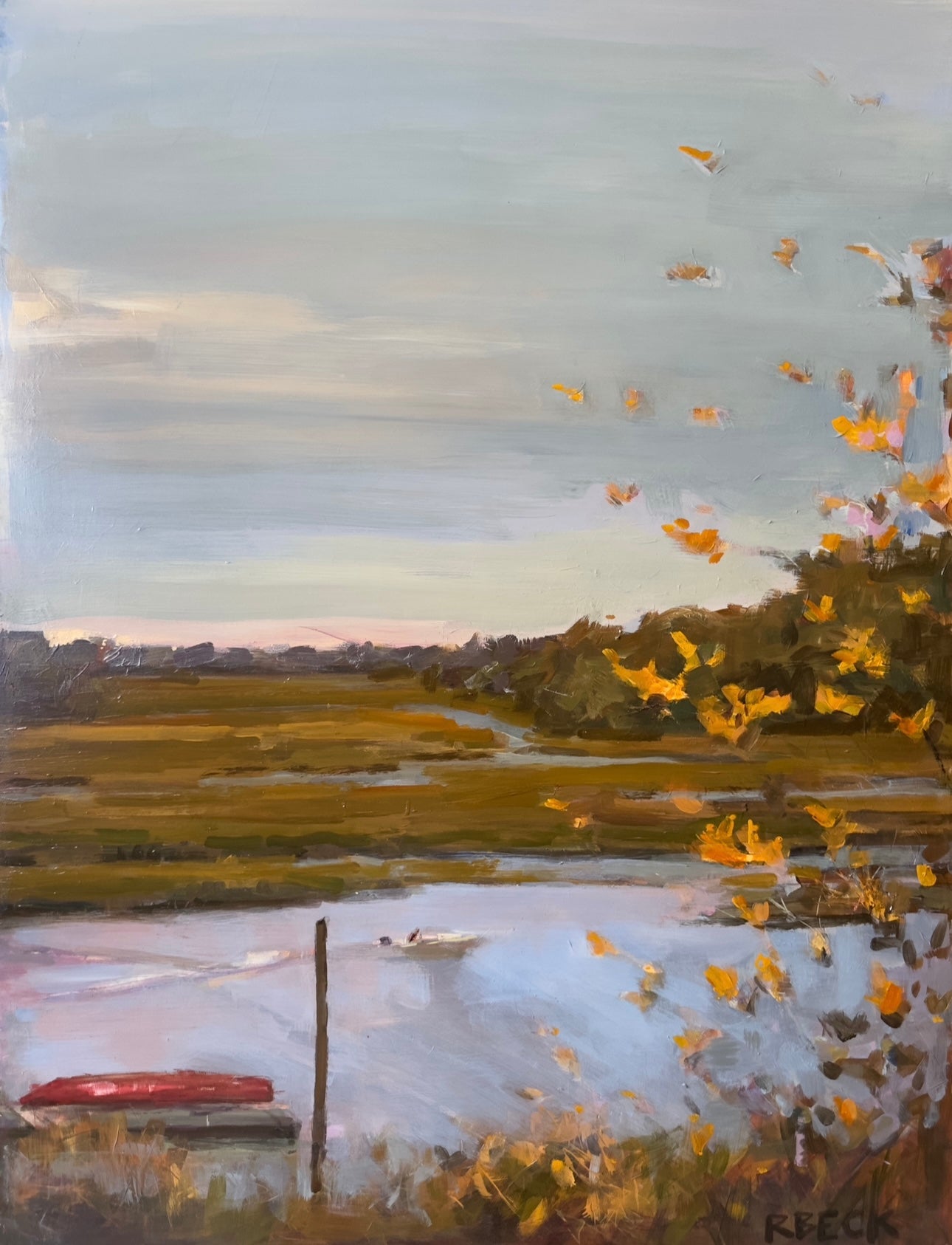 Creekside original Charleston coastal marsh painting with boat by artist Ryan Beck