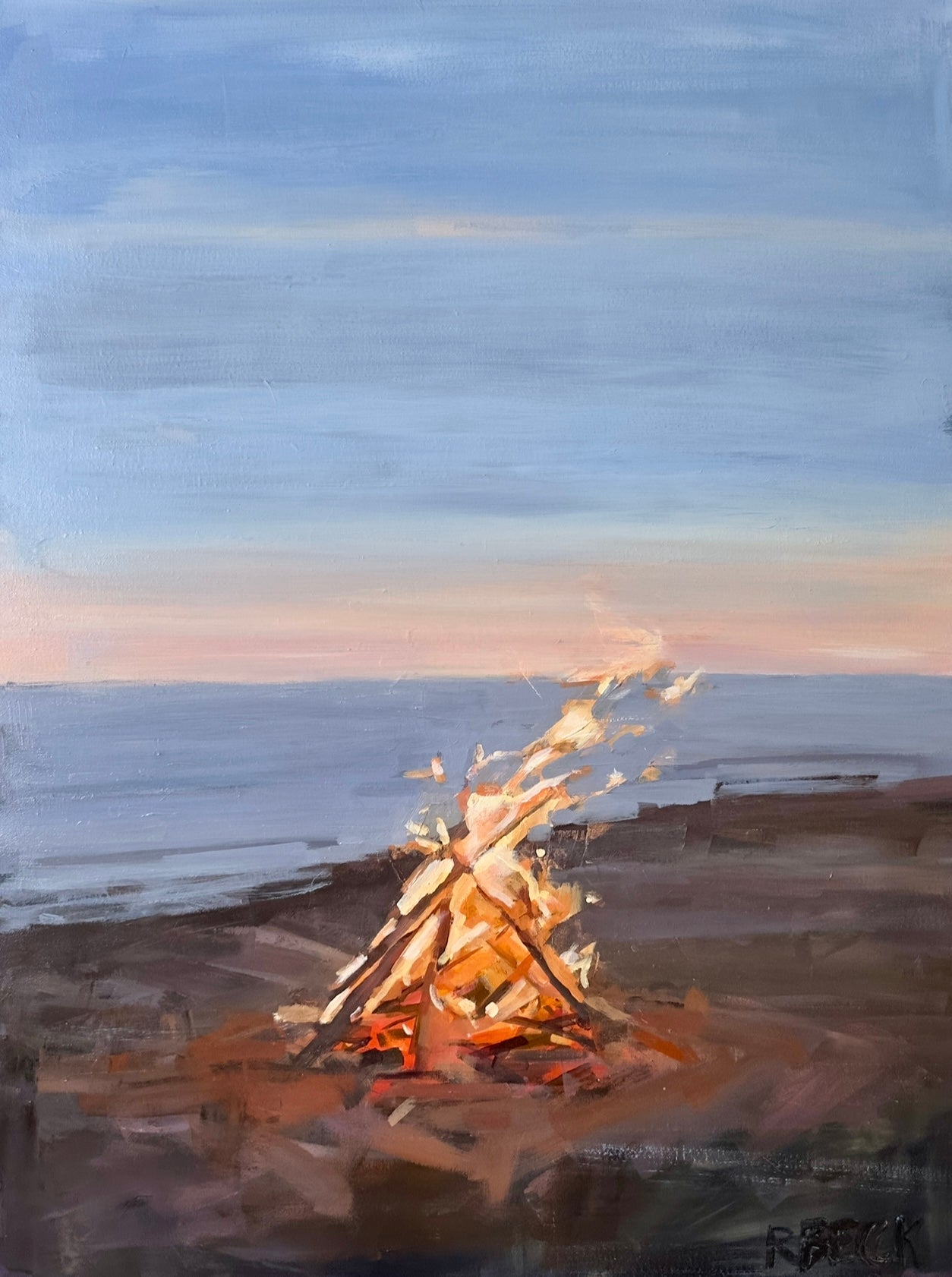 Fireside 30x40 original Charleston coastal beach bonfire painting by artist Ryan Beck with figures gathered by the fire and ocean in view