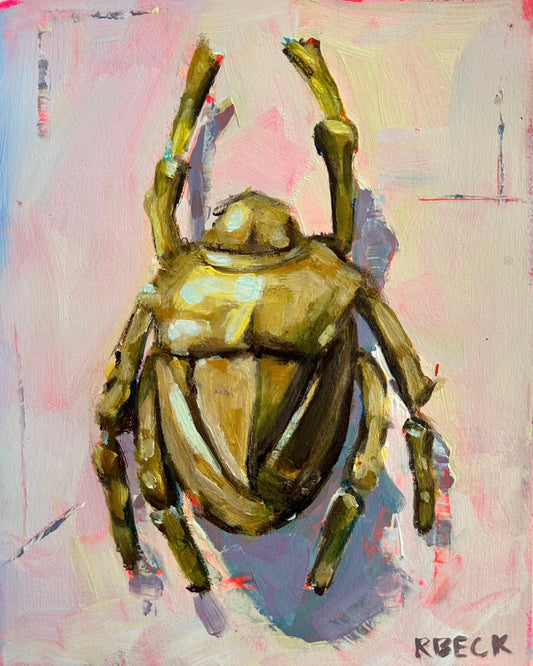Coastal fine art print of a symbolic gold bug insect inspired by Edgar Allan Poe and Sullivan's Island in layered pink, violet, and warm gold by Ryan Beck.