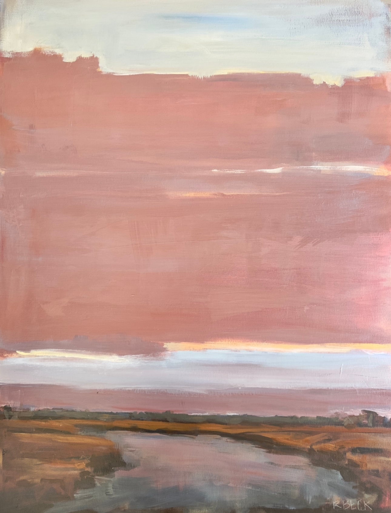 Held By the Sky original Charleston marsh painting by artist Ryan Beck with a vast neutral sky over warm Lowcountry water