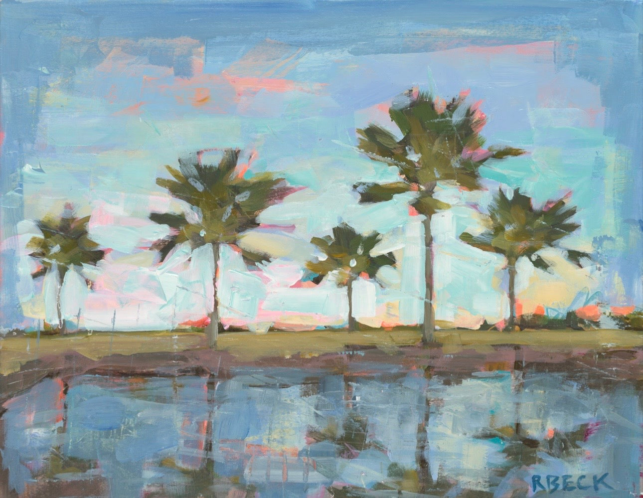 Joyful Days palm tree ocean landscape art print by Charleston artist Ryan Beck featuring palm reflections, blue sky, ocean water, warm sunlight, and coastal colors
