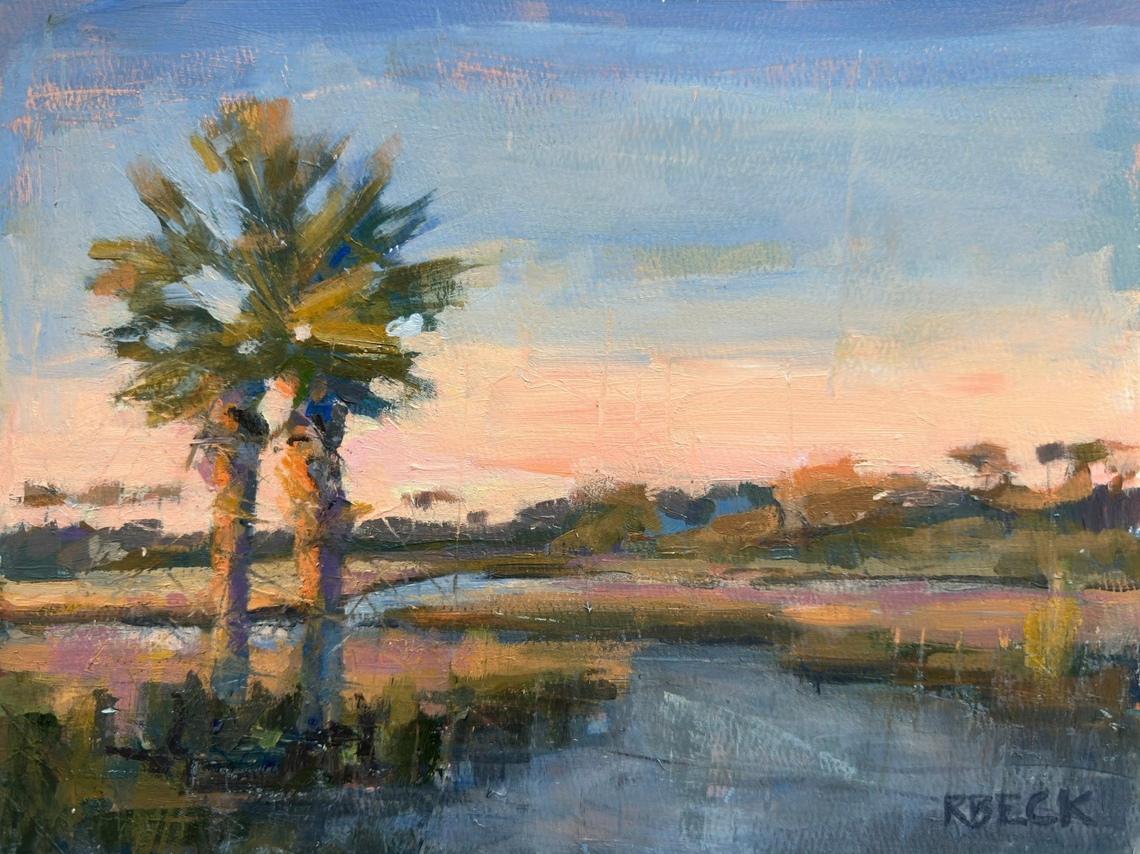 Lowcountry Gold coastal marsh landscape art print by Charleston artist Ryan Beck featuring palms, reflective water, warm golden-hour light, soft blue sky, peach tones, and layered coastal texture