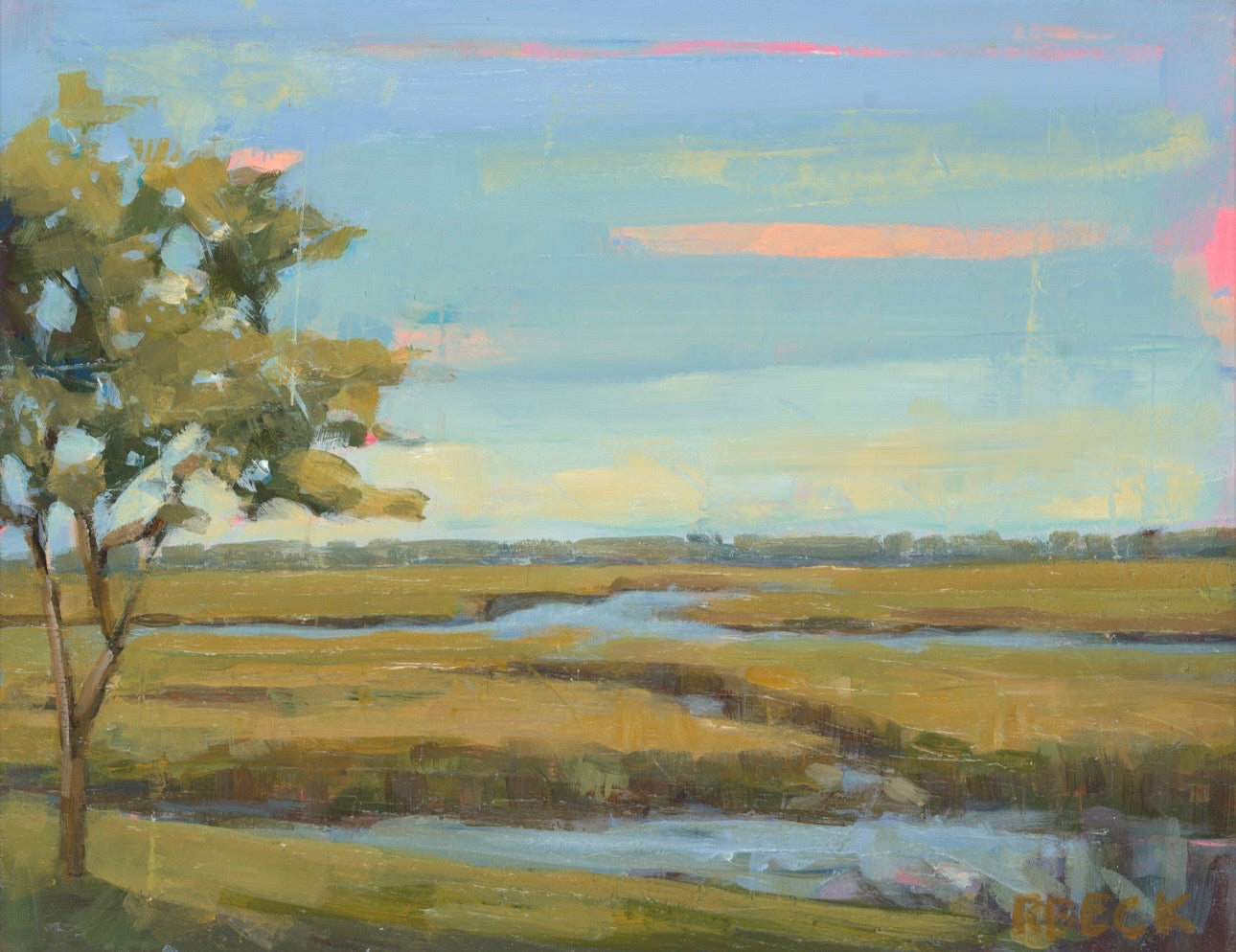 Lowcountry Lounge marsh landscape art print by Charleston artist Ryan Beck featuring sunlit Lowcountry grasses, coastal texture, warm hues, and a relaxed marsh atmosphere