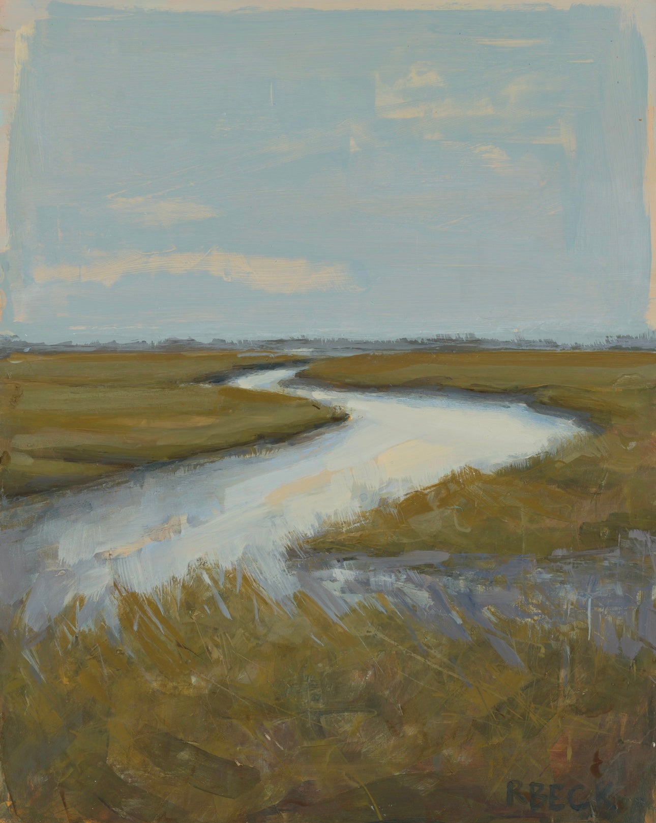 Charleston coastal fine art print of a muted marsh and tidal waterline in limited greens, blues, and neutrals by Ryan Beck.