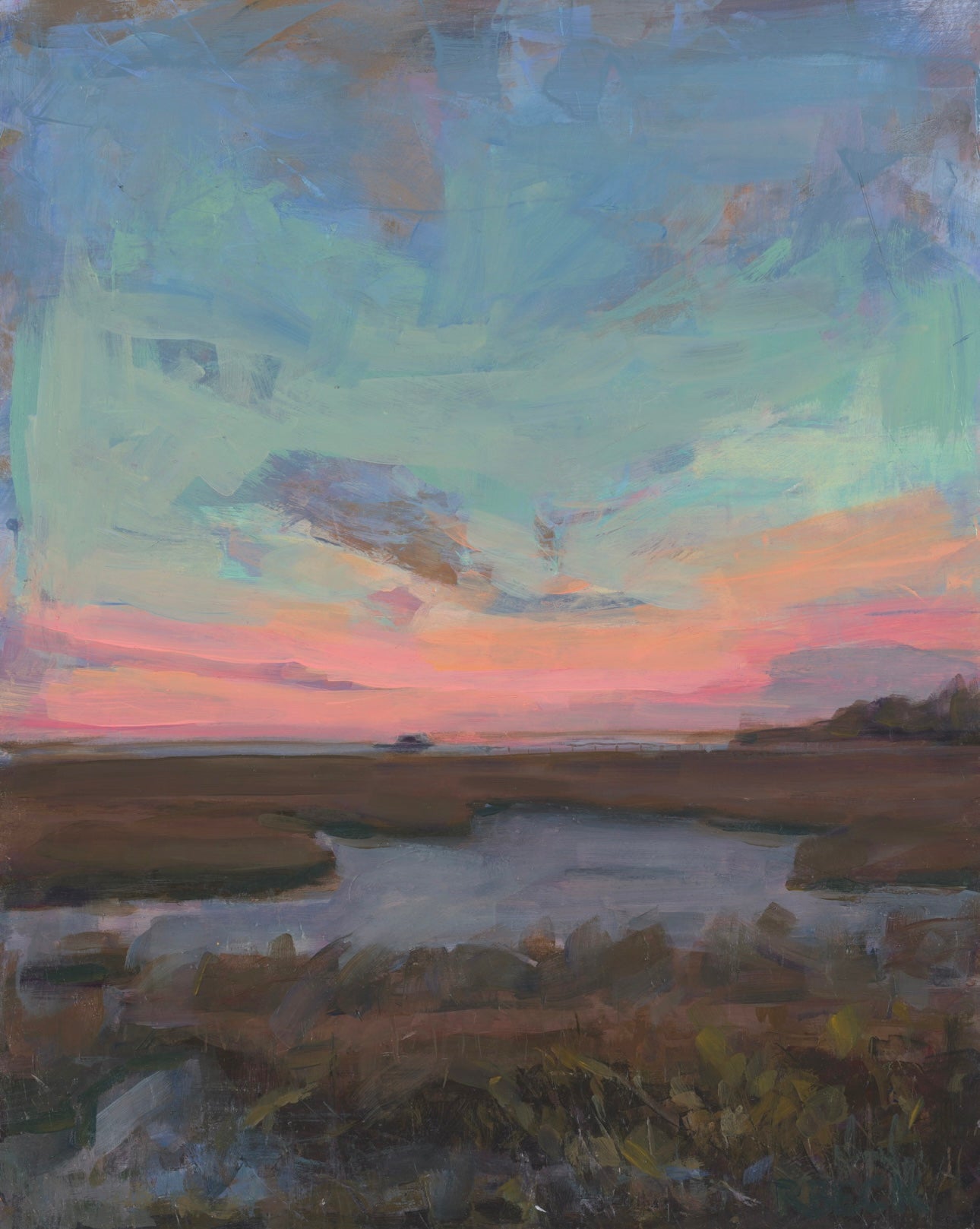 Marsh Light Charleston coastal art print by Ryan Beck featuring featuring Lowcountry marsh sunset, Pitt Street Bridge inspiration sunset sky, muted marsh grasses, reflective water, and a distant dock in a peaceful coastal landscape