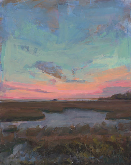 Marsh Light Charleston coastal art print by Ryan Beck featuring featuring Lowcountry marsh sunset, Pitt Street Bridge inspiration sunset sky, muted marsh grasses, reflective water, and a distant dock in a peaceful coastal landscape