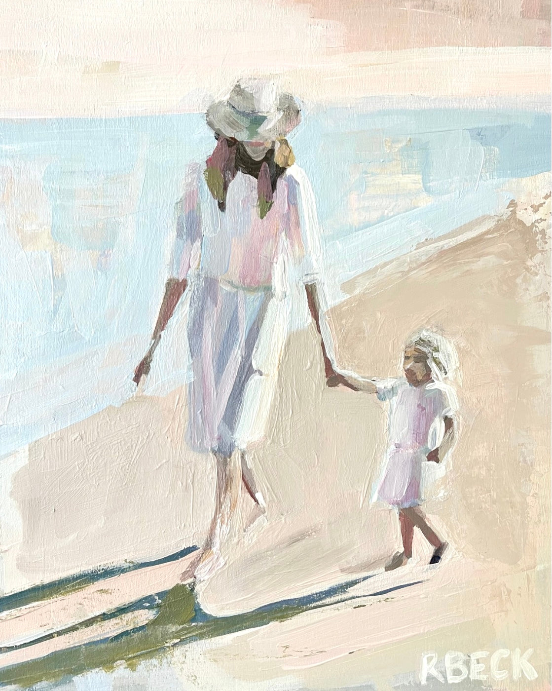 A vertical mother and child beach walk figure study along the Charleston shoreline rendered as a coastal fine art print by Ryan Beck.