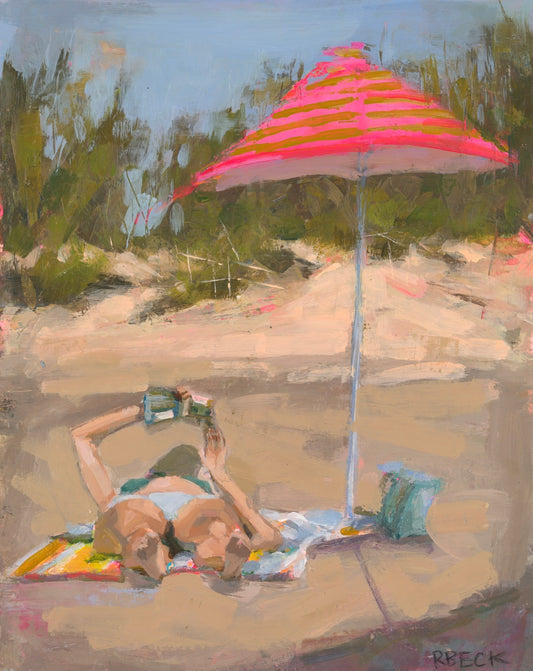 New Chapter coastal beach reading art print by Charleston artist Ryan Beck featuring a figure reading on the beach with vibrant coastal colors and symbolism of new beginnings