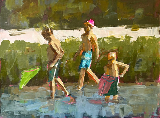Coastal fine art print of three children wading through a sunlit creek with fishing nets in hand by Ryan Beck.