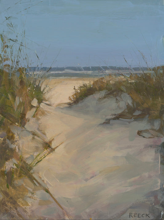 Coastal fine art print of a sunlit sand path between dunes leading toward the ocean horizon by Ryan Beck