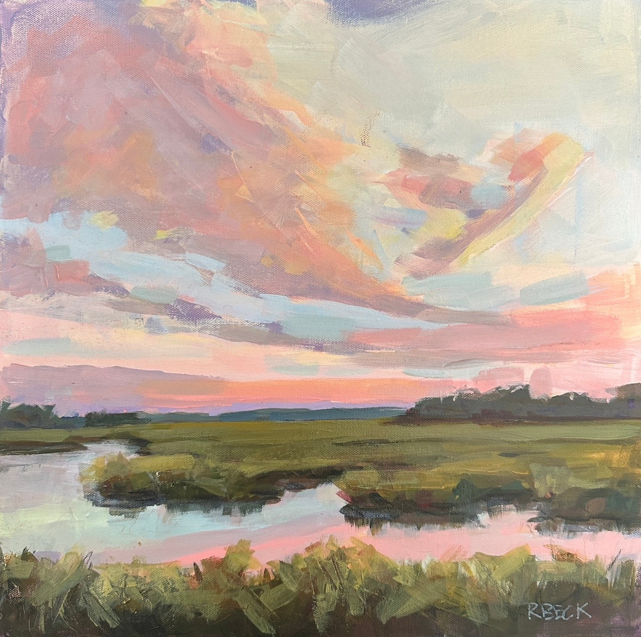 Pink Drift original Charleston coastal sunset painting by artist Ryan Beck with sweeping coral and pink sky on a square gallery wrapped canvas