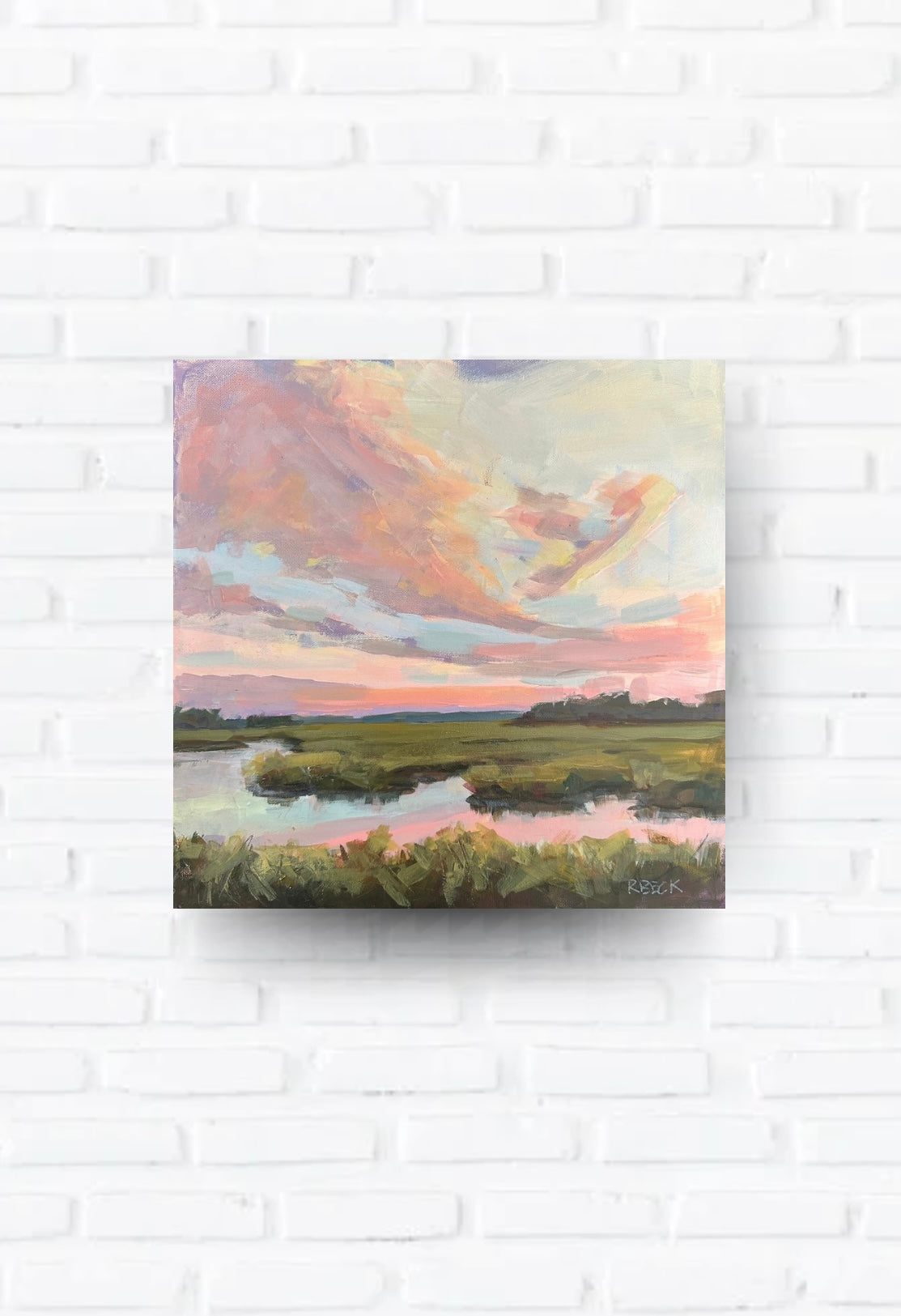 Pink Drift square original coastal painting by Charleston artist Ryan Beck showing a coral and pink sunset sky with soft abstract marsh below