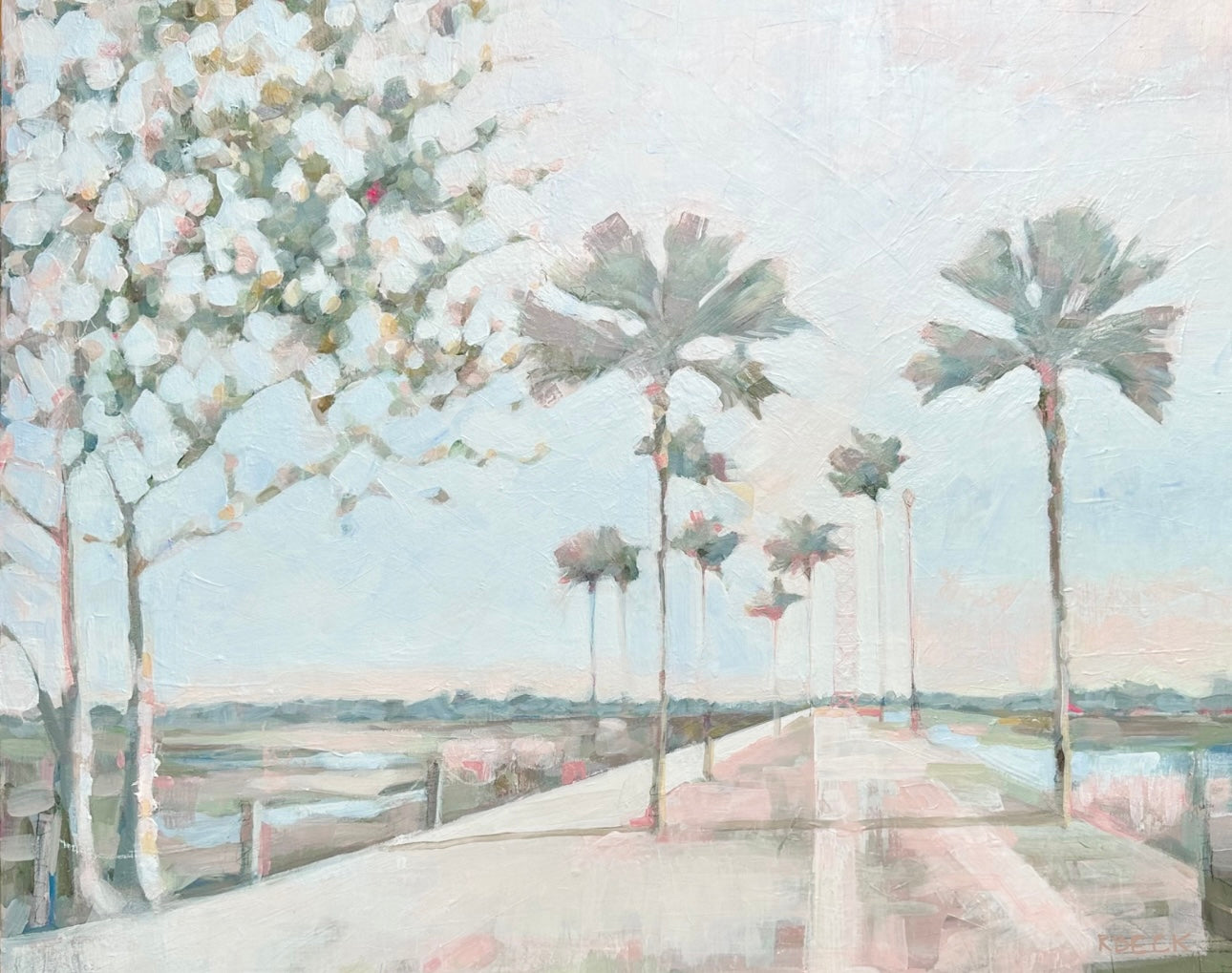 Coastal fine art print of pink-toned light over the water near Pitt Street Bridge in Mount Pleasant, South Carolina by Ryan Beck.
