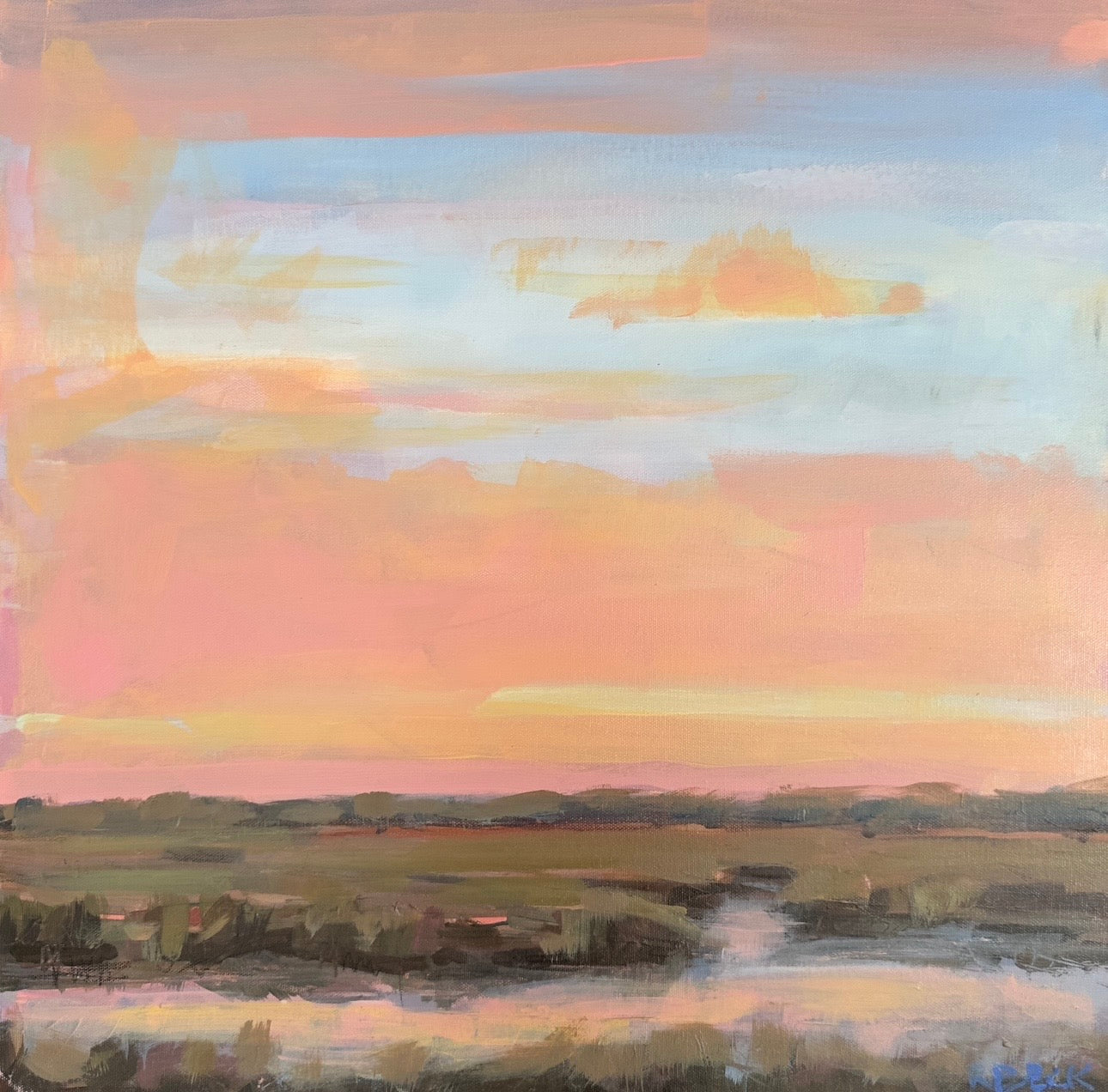 Rose Light original Charleston coastal sunset painting by artist Ryan Beck featuring a softly abstracted Lowcountry marsh under rose pink evening skies in a 20x20 square format