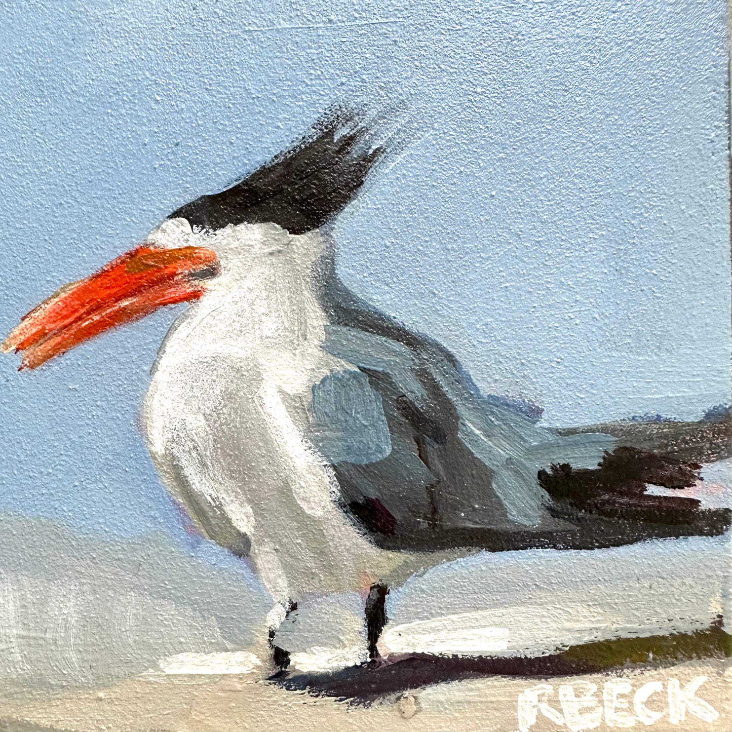 Royal Tern mini print by Charleston artist Ryan Beck, featuring a serene blue palette that captures the elegance of this coastal bird
