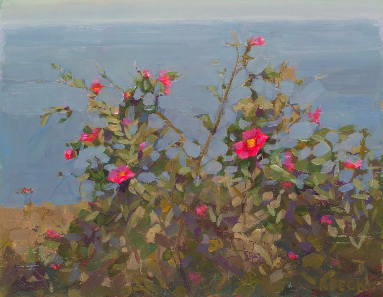 Coastal fine art print of beach roses along the coast, shaped by wind and salt, by Ryan Beck.