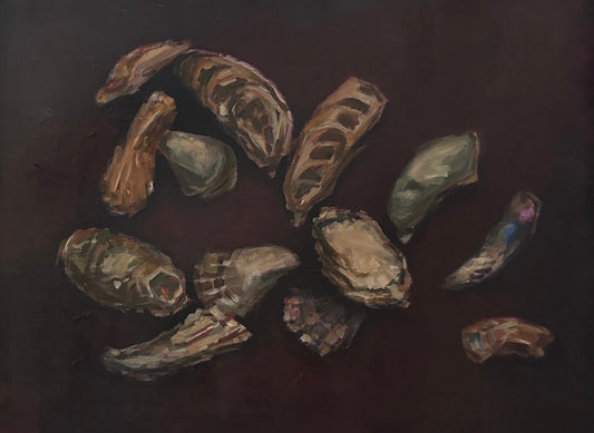 Salt and Shadow Charleston SC oyster painting by artist Ryan Beck featuring a cluster of oysters in plum and burgundy hues, coastal fine art on canvas.