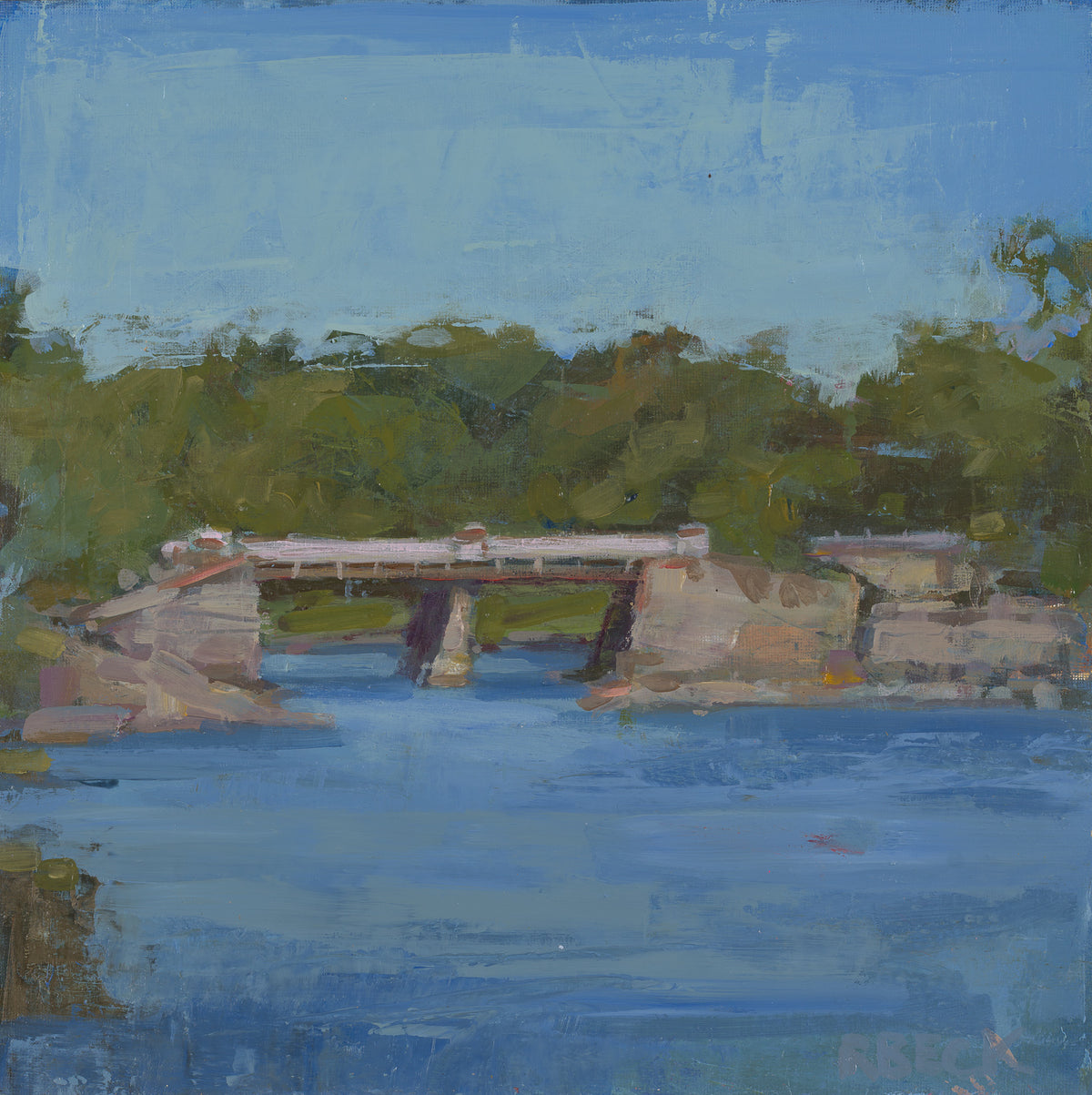 Scorton Creek Cape Cod landscape painting by Ryan Beck, showing a small bridge over blue tidal water, green coastal vegetation and an expansive blue sky.