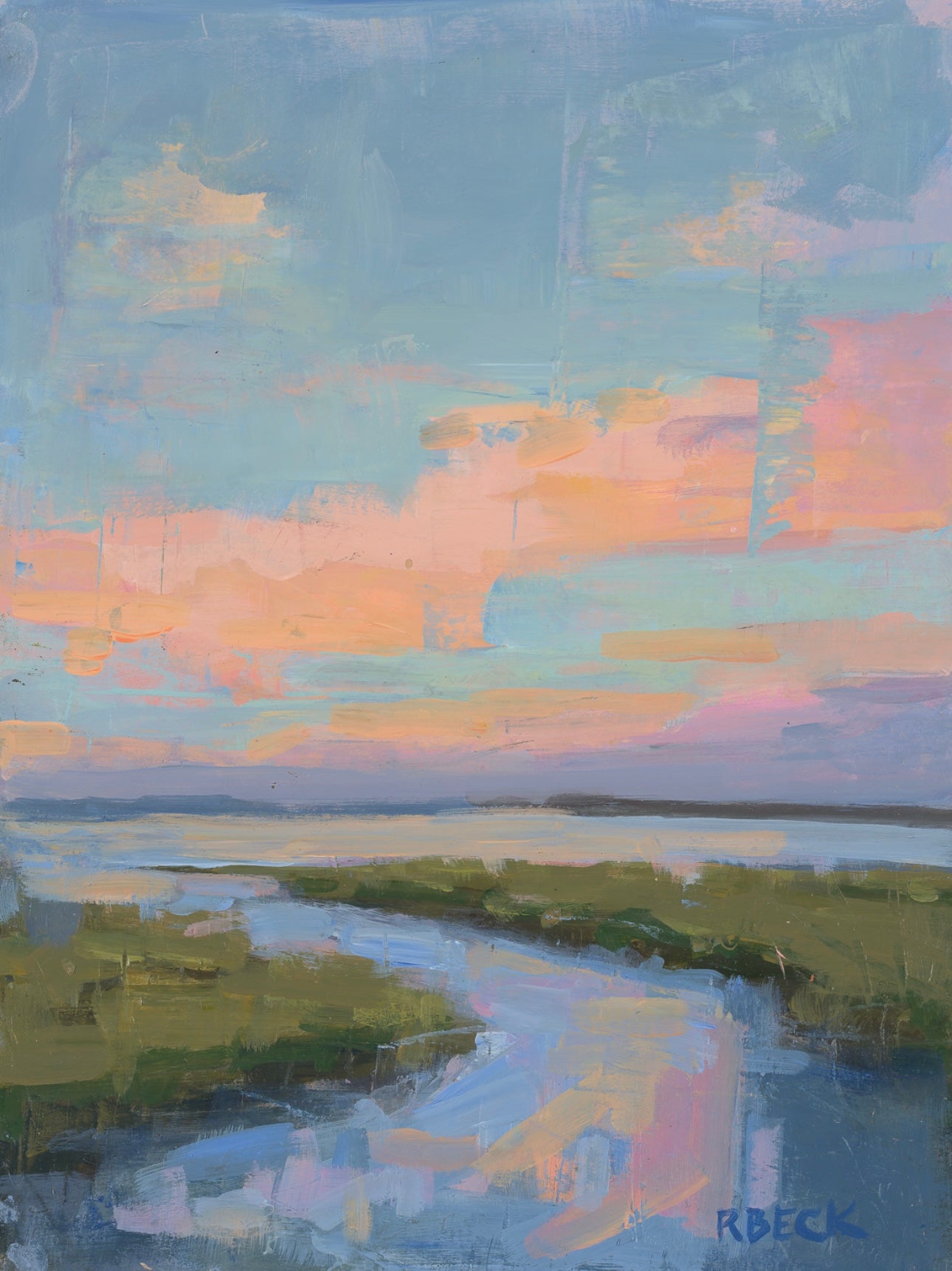 Skyward Lowcountry marsh landscape art print by Charleston artist Ryan Beck featuring an expansive blue, coral, peach, and lavender sky reflected in a winding tidal creek