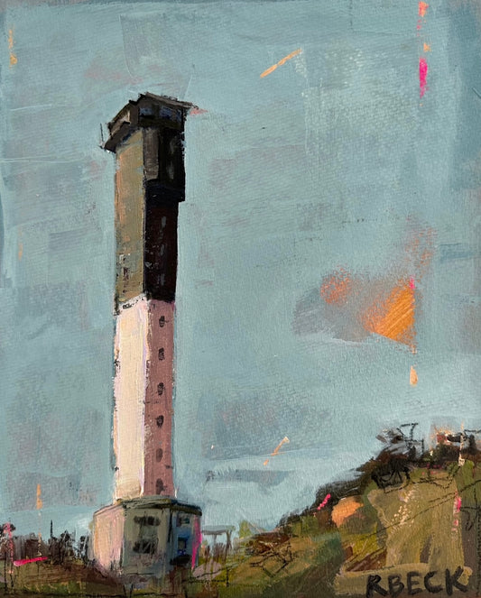 Charleston coastal fine art print of the Sullivan's Island Lighthouse in golden hour light with layered warm and cool color by Ryan Beck.