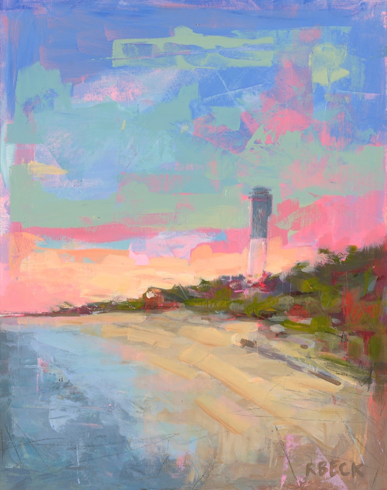 Sullivan's Island Stroll At Dusk beach landscape art print by Charleston artist Ryan Beck featuring a curved shoreline, ocean views, and layered pink, coral, and blue dusk skies