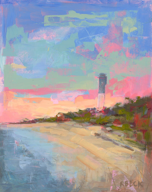 Sullivan's Island Stroll At Dusk beach landscape art print by Charleston artist Ryan Beck featuring a curved shoreline, ocean views, and layered pink, coral, and blue dusk skies