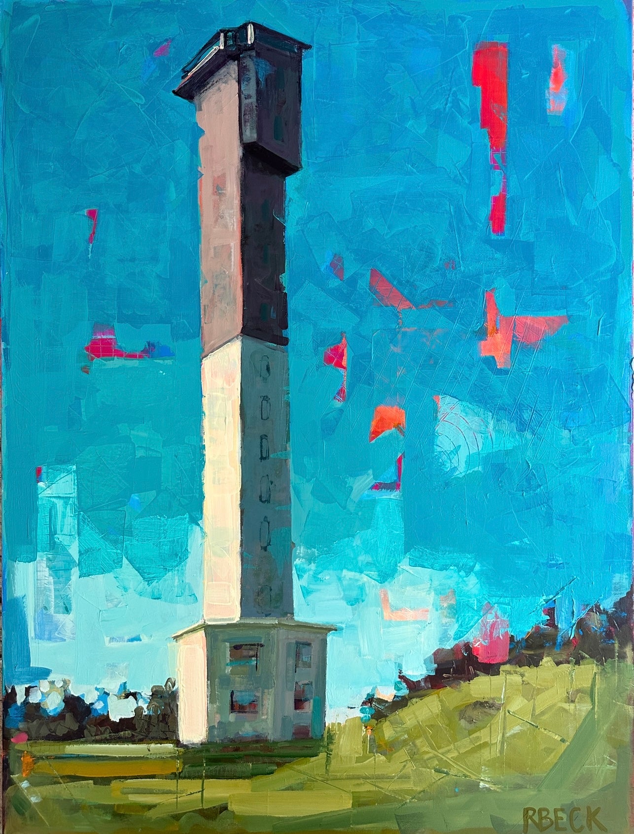 Original painting Sullivan’s Light, Color of Joy by Charleston artist Ryan Beck, featuring the Sullivan’s Island lighthouse in vibrant colors and rich textures.