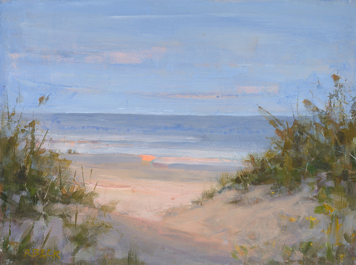 Summer State coastal landscape painting by Ryan Beck, showing a sandy pathway between beach dunes with yellow flowers, green grasses, blue ocean and soft pastel sky.