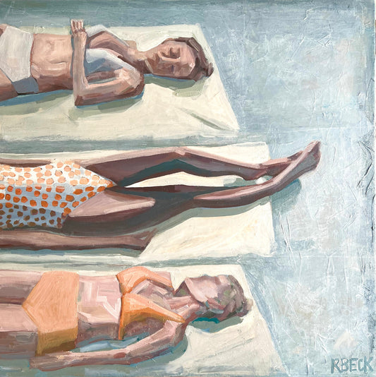 Coastal fine art print of three women sunbathing on the beach in soft, vintage color by Ryan Beck
