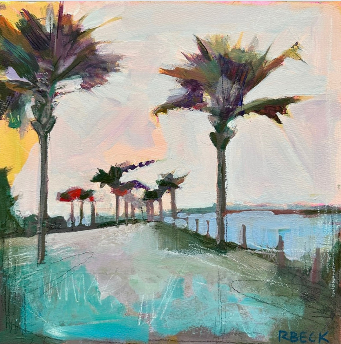 Square coastal fine art print of Pitt Street Bridge at sunset with layered teal and warm orange light by Ryan Beck.