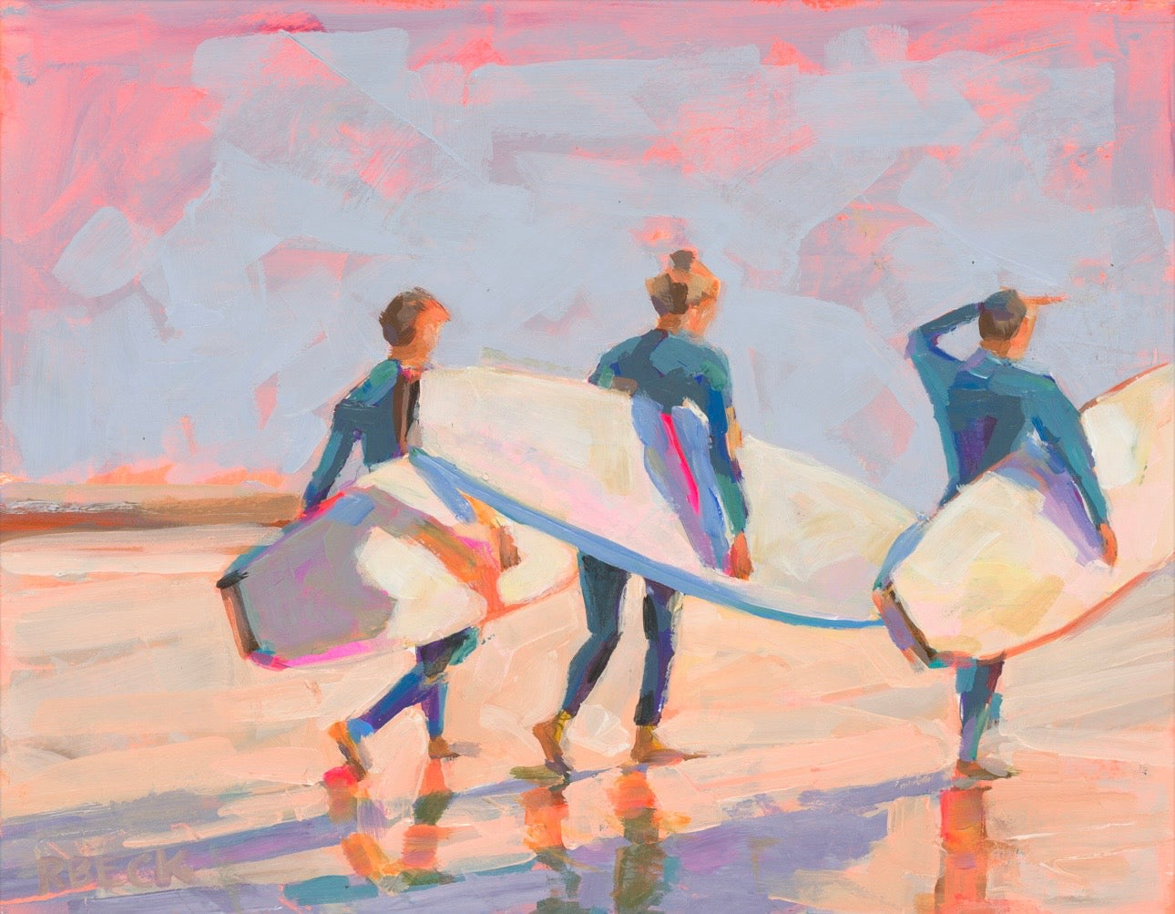 Sunset Surf coastal surf art print by Charleston artist Ryan Beck featuring surfers walking with surfboards on the beach, ocean background, coral, lavender, and blue sunset tones