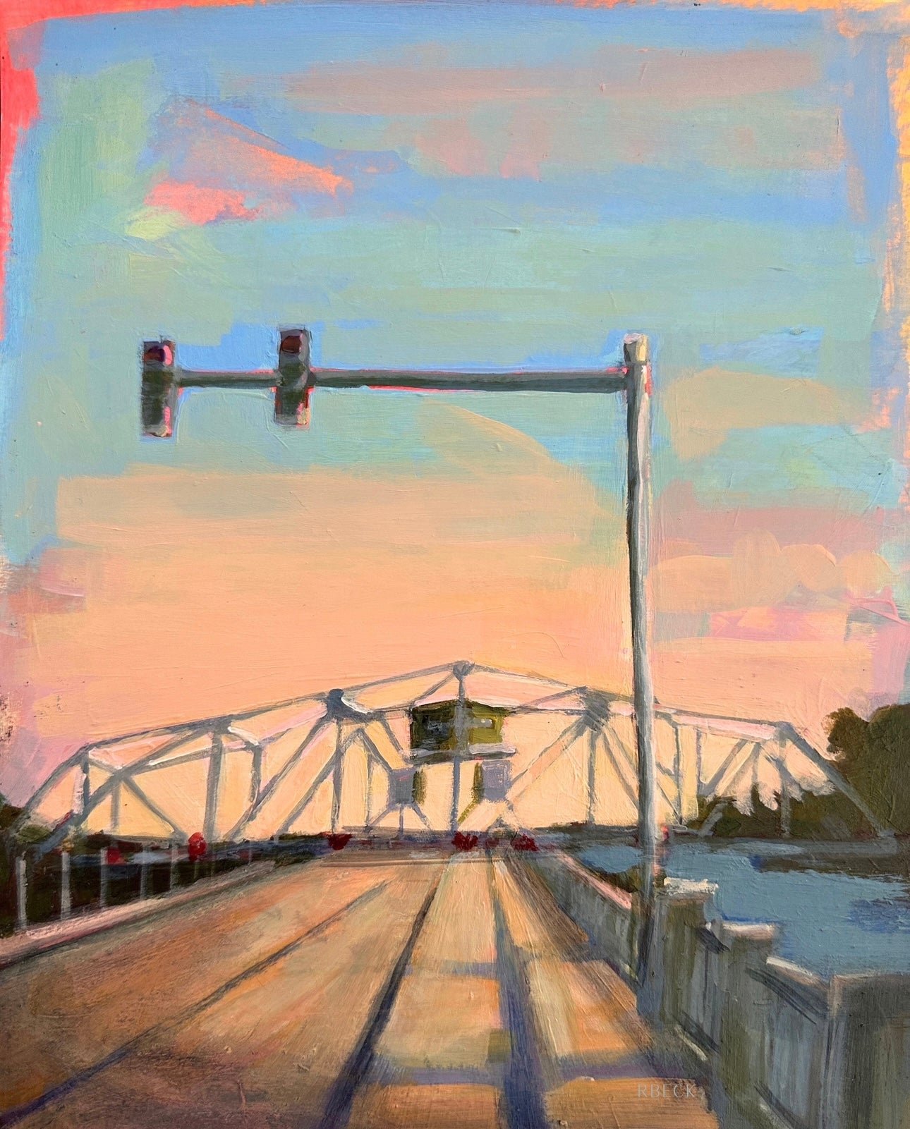 Sunset on the Hour Ben Sawyer Bridge art print by Charleston artist Ryan Beck featuring sunset light over coastal waterways between Mount Pleasant and Sullivan's Island